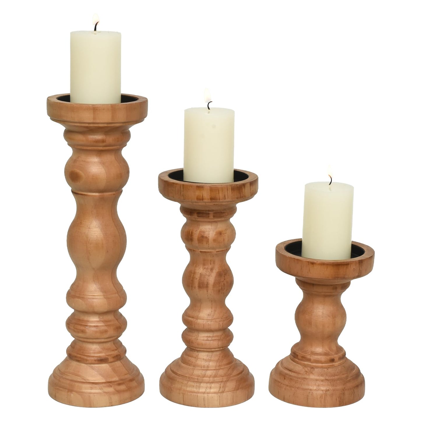 SWALLOWLIVING Rustic Farmhouse Wood Pillar Candle Holder Set of 3 for Candlestick, Brown