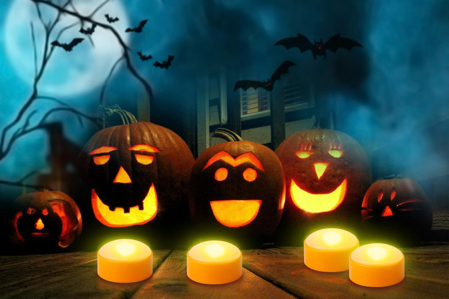 Yakpo 4 Pack Battery Operated Timer Halloween LED Pumpkin Lights with Remote, Flameless Flickering Orange Jack O Lantern Light, Outdoor Electric Orange Candle for Halloween Pumpkin Decorations