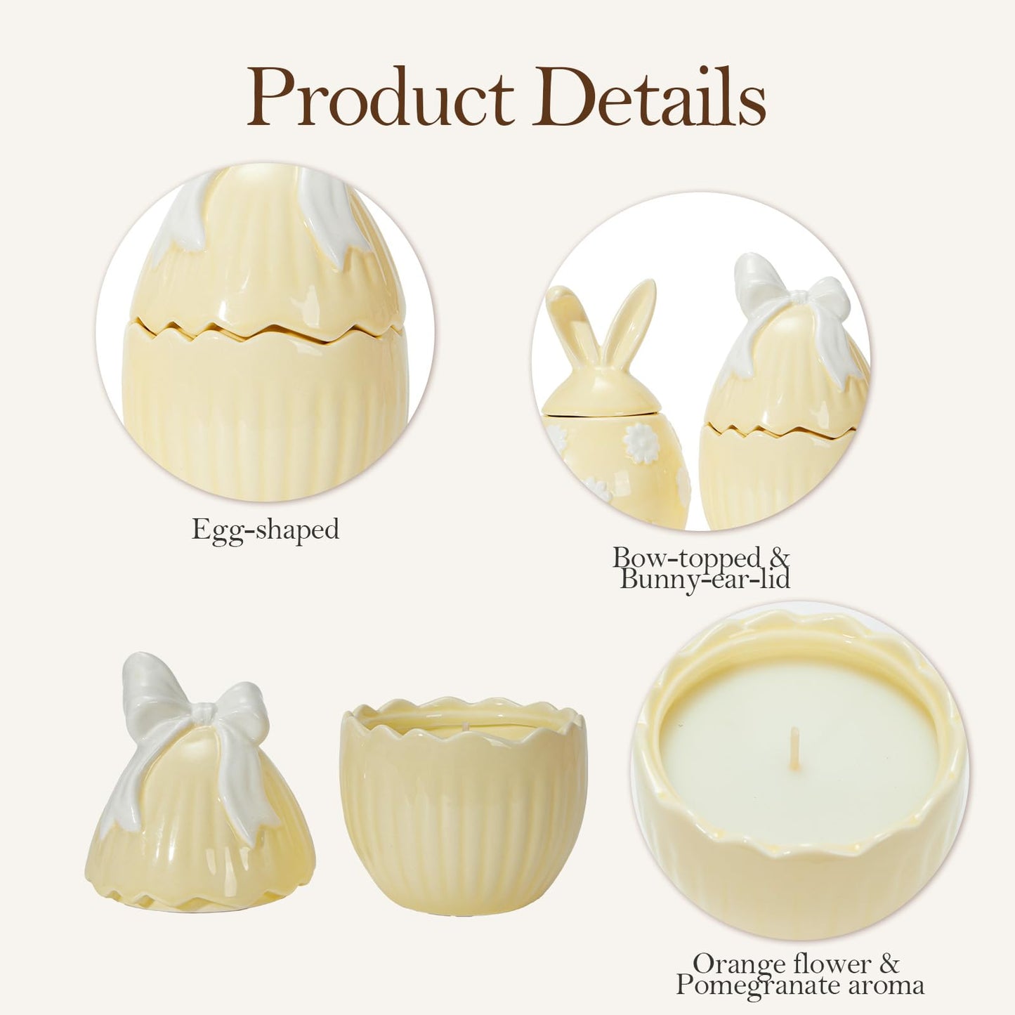 WDS WONDROUS 2-Pack Easter Bunny & Bow Ceramic Jar Candles, Egg Shaped Soy Wax Scented Candles with Daisy and Striped Design, Spring Home Decor Gift Set for Women, Yellow Farmhouse Table Centerpiece