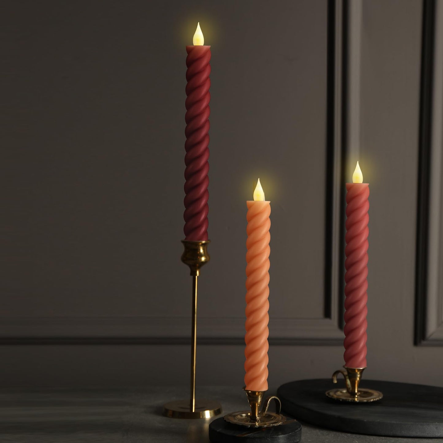 Baquler 6 Pcs Fall Flameless Taper Candle Twisted LED 9.65 Inch Fall Taper Candles Battery Operated Twisted Candlesticks for Thanksgiving Harvest Wedding Birthday Home Party Dinner Fireplace Decor