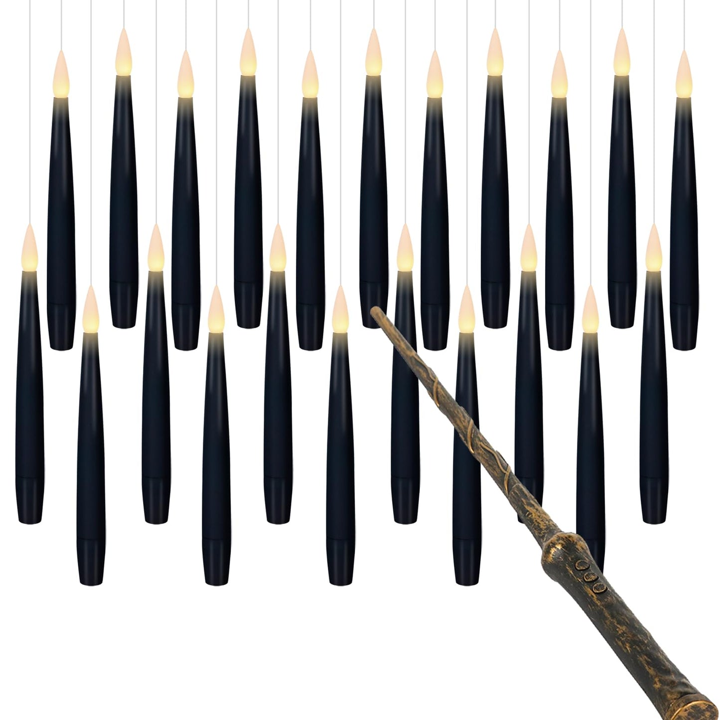 KunSwenn Black Floating Candles with Wand, Set of 22 Hanging Candles with Fishing Line, LED Flameless Halloween Taper Candle Battery Operated, Floating Halloween Decorations for Spooky Home Decor