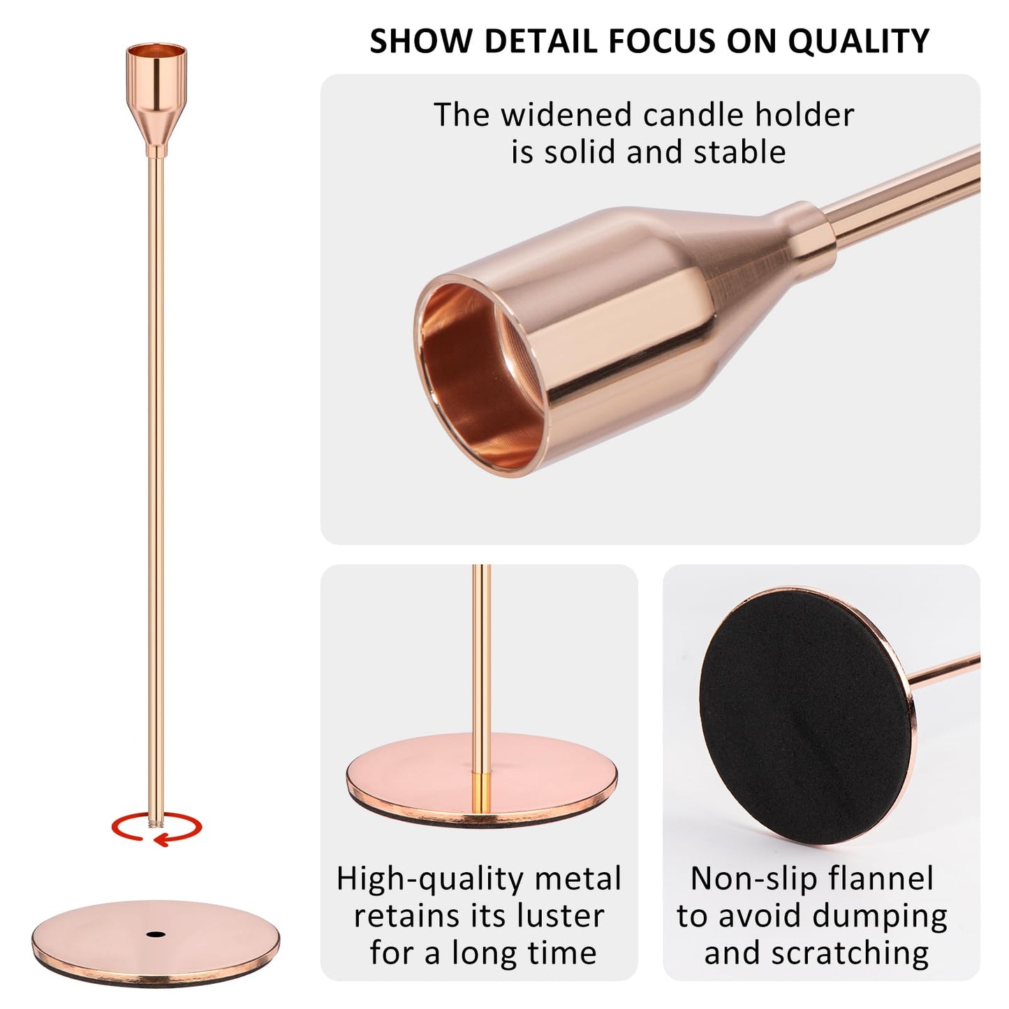 Rose Gold Taper Candle Holders, Candlestick Holders, Candle Holders with 3 in 1 Candle Accessory Set, Metal Candle Stand for Mantle Table Centerpiece, Weddings, Dining, Housewarming(Set of 6)