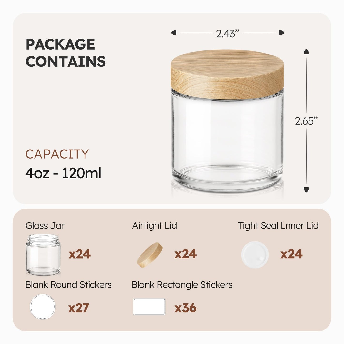 4 oz Glass Jars with Lids, 24 Pack Clear Small Glass Jars with Woodgrain Lids Leakproof Round Airtight Empty Cosmetic Travel Containers with Inner Liners For Lotions Powders and Candle Making
