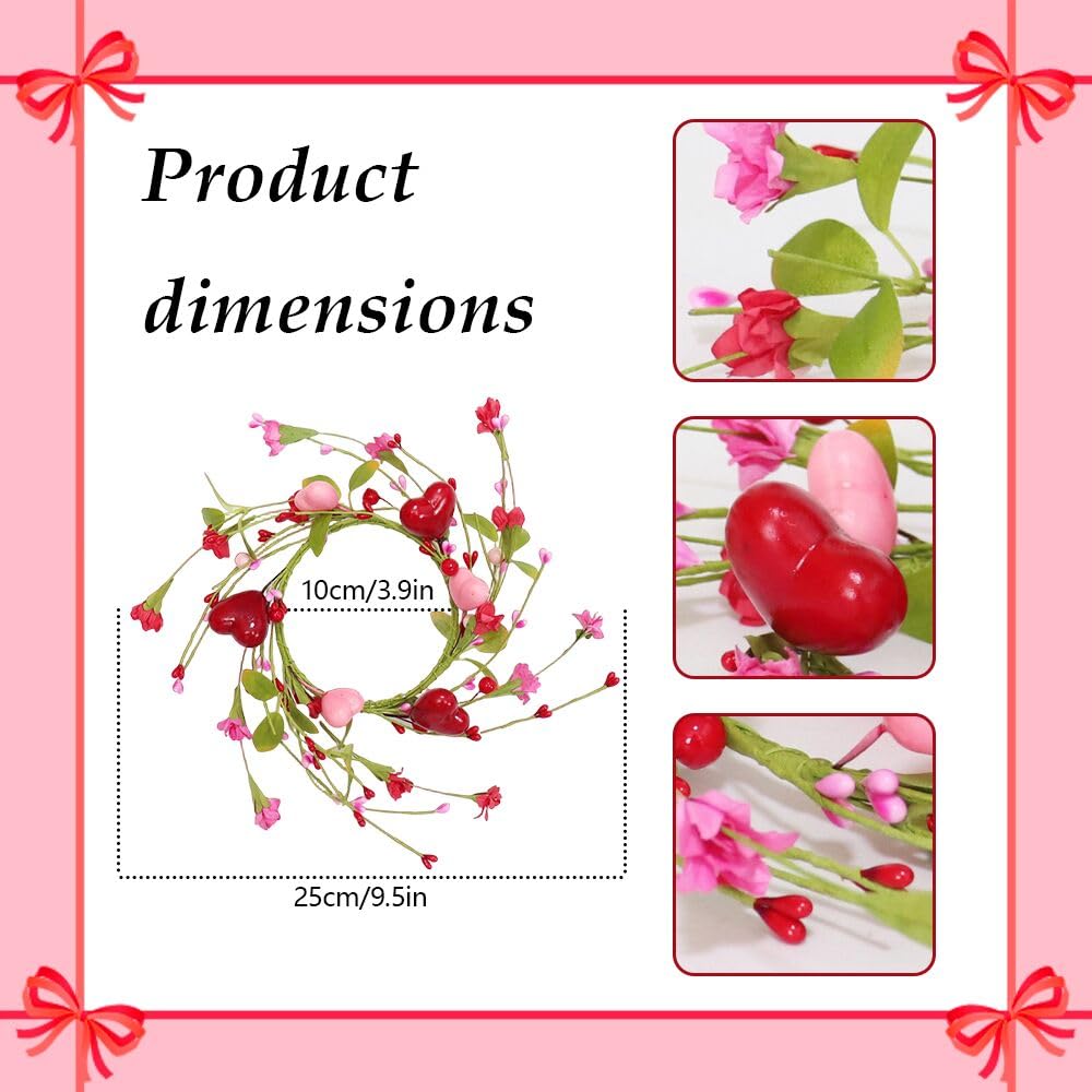 2 Pcs 10" Mini Valentine Candle Rings Wreath for Front Door Small Valentine's Day Red Heart Berry with Forsythia Flowers Decor for Kitchen Cabinet Porch Wall Window Chai (Pink)