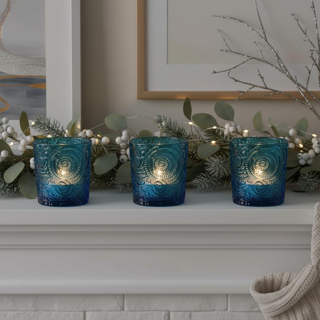 6 Pack Patented Sun Moon Star Embossed Glass Tea Light Candle Holders - Unique Votive Candle Holders for Wedding, Party, and Table Centerpieces (Ocean Blue)
