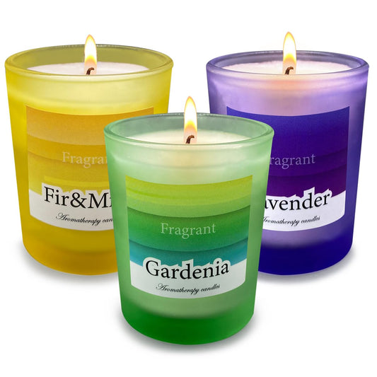 Set of 3 Scented Candles in Colored Frosted Glass, Small Natural Soy Wax Highly Lavender, Gardenia and Fir&Mint Fragarnce Votives Set for Home Party Gift Favors Dinner Spa Decor