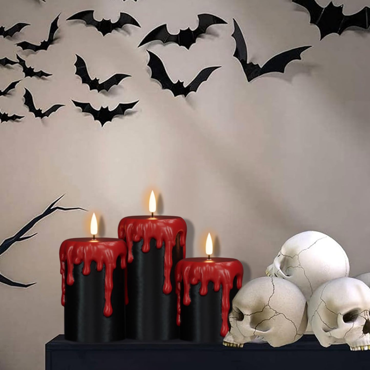 DRomance Battery Operated Flameless Candles with 6H Timer, Blood Dripping Wax Effect Black LED Pillar Candles 3D Wick Flickering Spooky Halloween Indoor Decoration Light(3 Pack, 3 x 4,5,6 Inches)