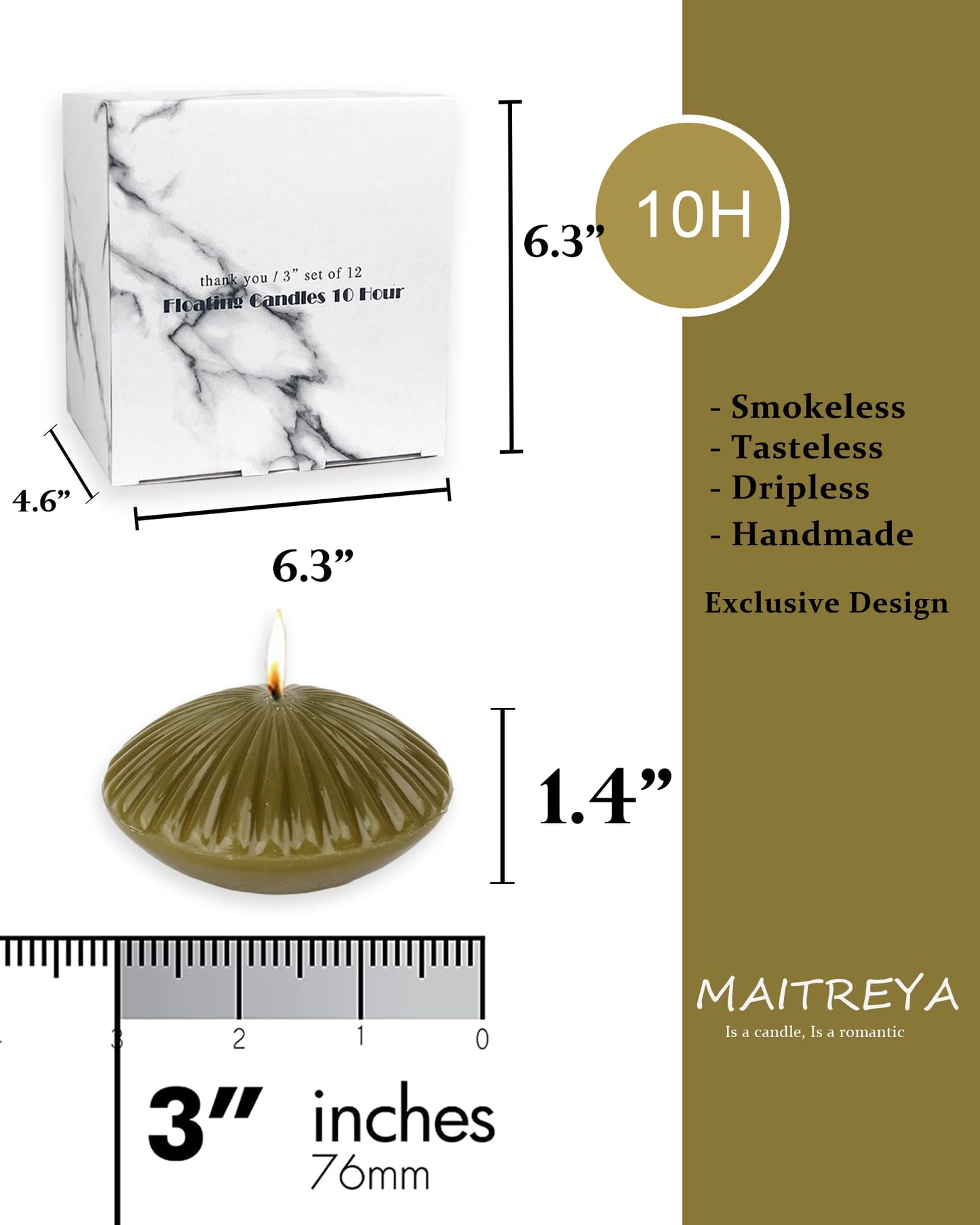 12 Pack Olive Floating Candles 3 Inch,Unscented Classic for Weddings,Parties,Special Occasions and Home Decorations