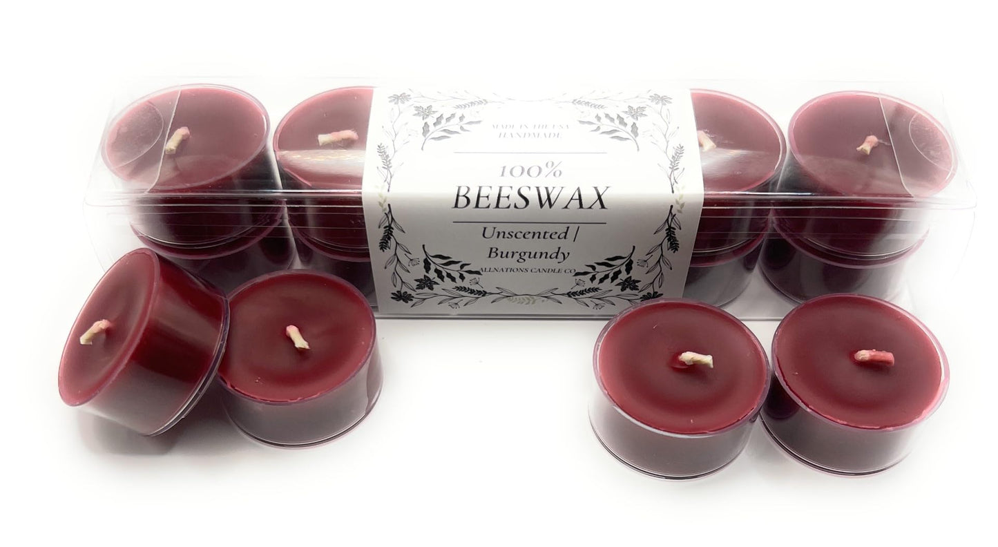 Allnations Candle Co. 100% Beeswax Tealight Candles. 4 to 5 Hours Long Burn Each - for Home, Rituals, Prayer, Party, Room Table Decoration - Unscented - Smokeless -10pcs (Burgundy)