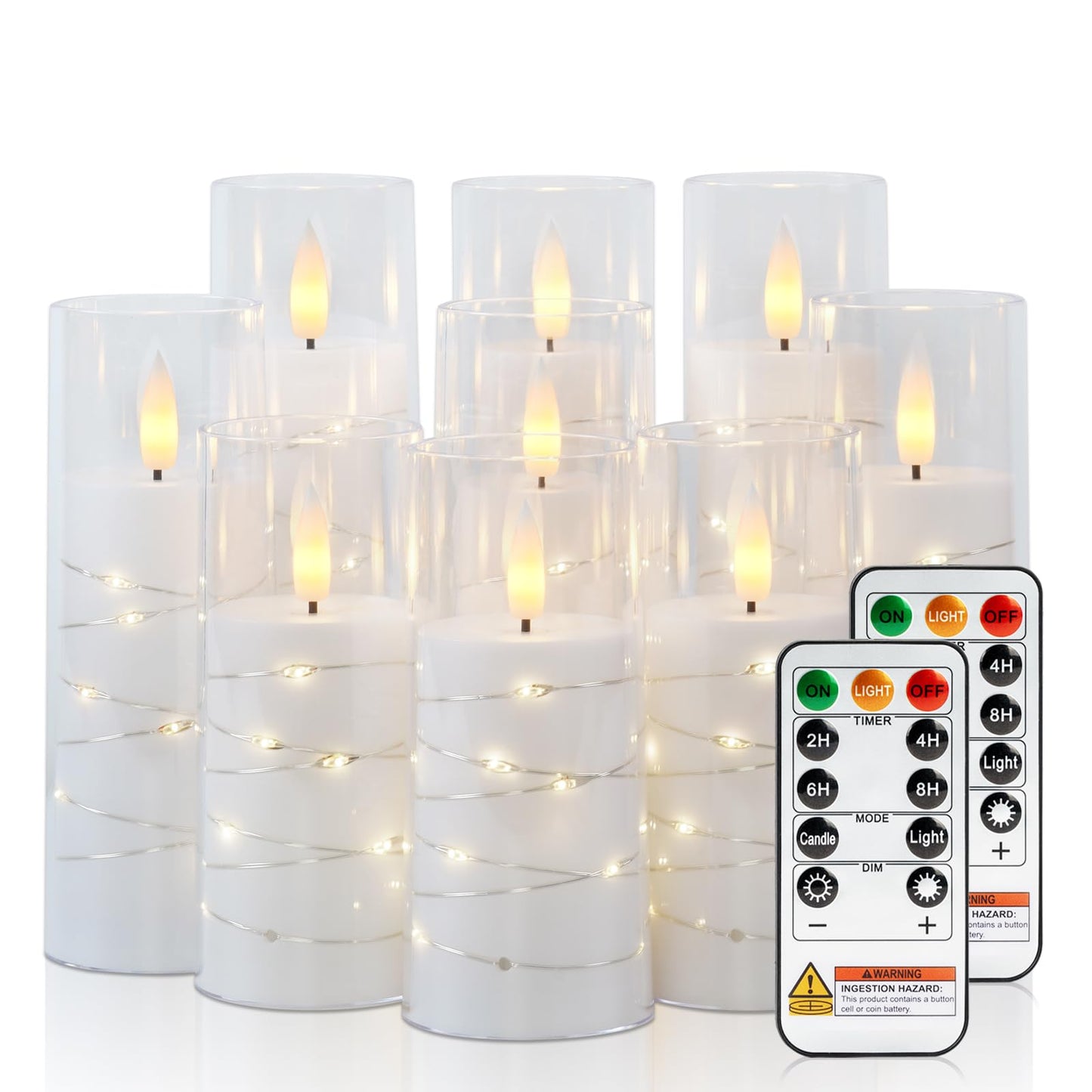 Raycare Flameless Candle with Remote Timer – 9 Flickering Acrylic Battery Operated LED Pillar Candles with Embedded Star String for Christmas, Wedding, Home Table Decor, and as a Gift (White)