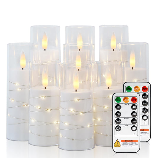 Raycare Flameless Candle with Remote Timer – 9 Flickering Acrylic Battery Operated LED Pillar Candles with Embedded Star String for Christmas, Wedding, Home Table Decor, and as a Gift (White)