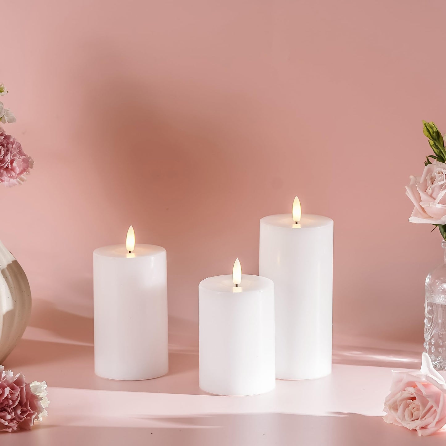 Stmarry White Flameless Candles with Remote and Timer, Real Wax Made LED Pillar Candles Battery Operated with 3D Flickering Flame - 3" x 4",5",6" - Set of 3
