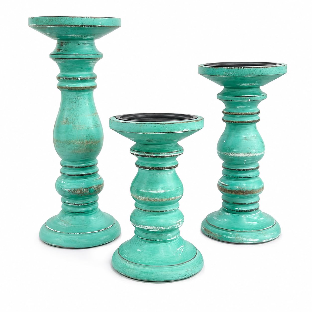 Wooden Pillar Candle Holders Set of 3, Pillar Candles,Gifts for Wedding,Party,Home, Candle Gardens Gifts - 10 Inch, 8 Inch, and 6 Inch (Green)