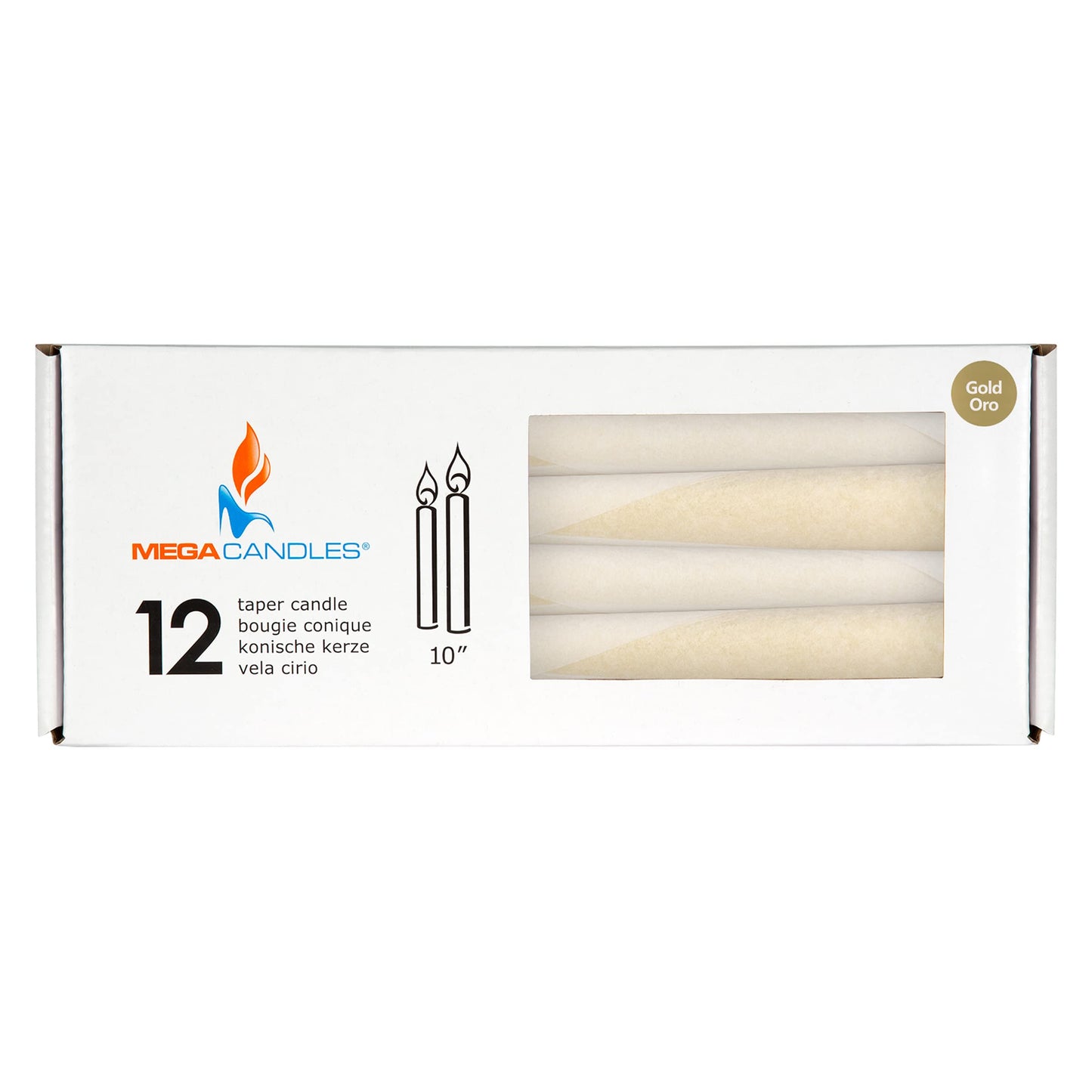 Mega Candles 12 pcs Unscented Gold Taper Candles, Hand Poured Wax Candle 10 Inch x 7/8 Inch, Home Décor, Wedding Receptions, Centerpieces, Occasions, Romantic Dinners, Prayer, Candle Holders