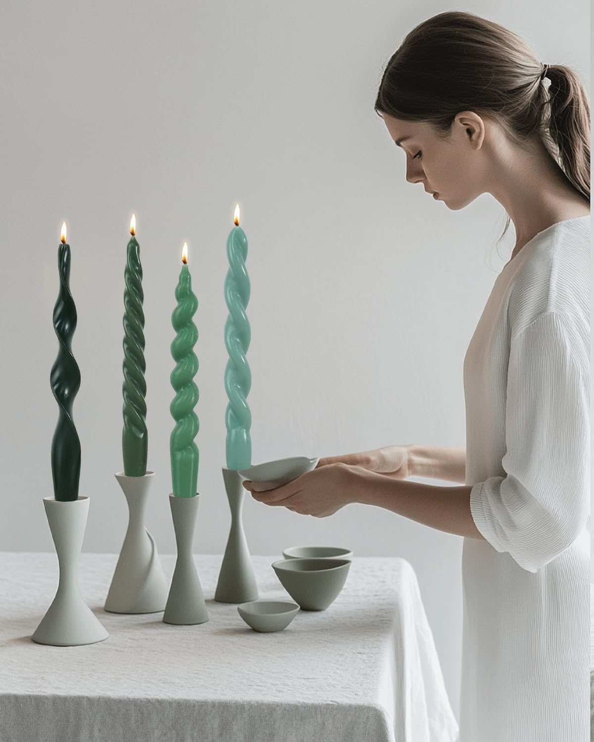Green Spiral Taper Candles Short Candle Sticks Unscented Smokeless Twisted Candlesticks for Christmas Table Decor Holiday Dinner Party-7.5inch-4pack