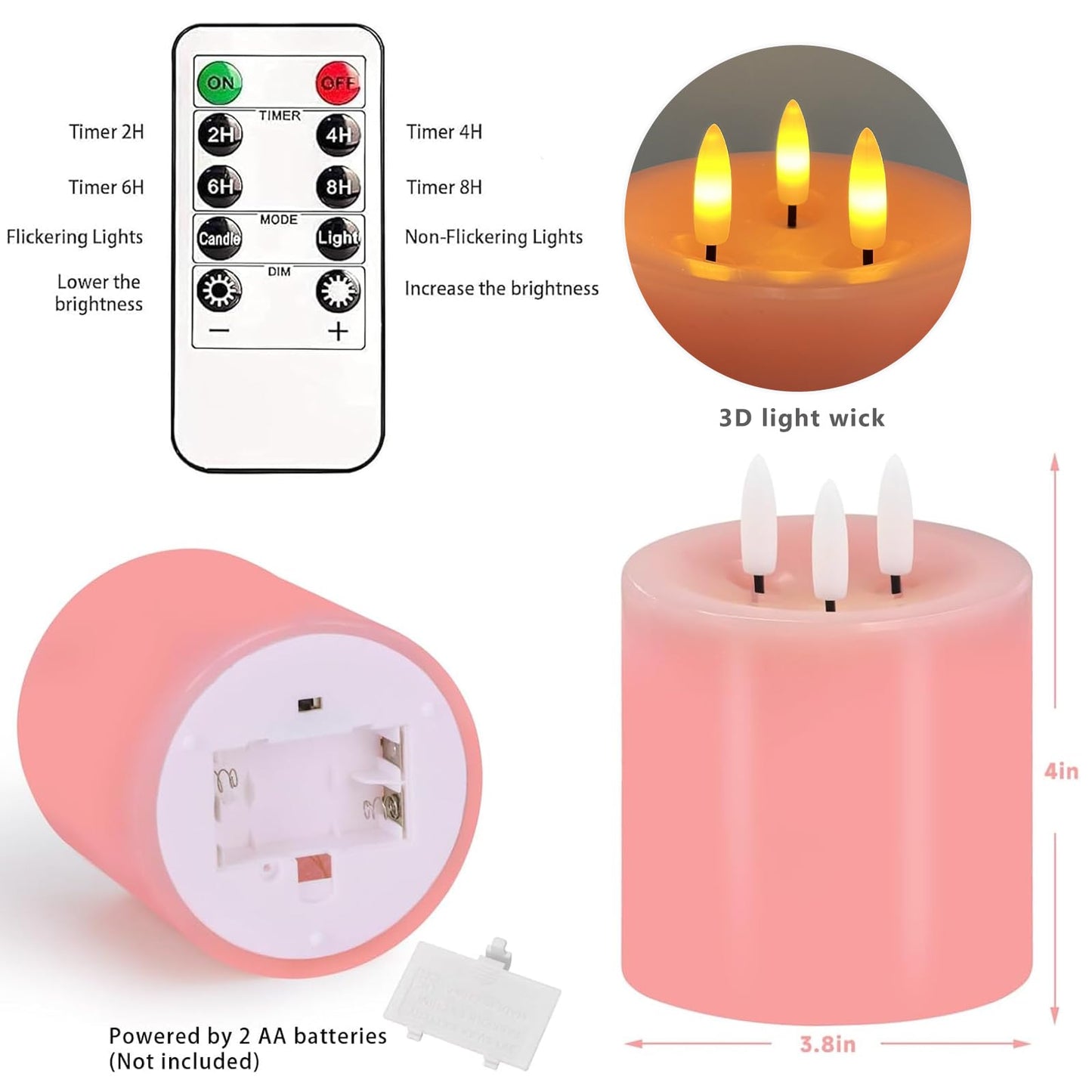 Large 3 Wick Flameless Candles Set of 2, 4"x4" Flickering Flameless Candles with Remote & Timer, Dimmable Real Wax LED Candles Battery Operated, Pink Pillar Candles for Wedding Valentine's Day Decor