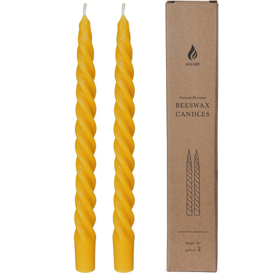 AGLARY 2PCS 10-Inch Pure Beeswax Spiral Taper Candles, Twisted Stick Candles, Dripless & Unscented for Weddings, Christmas, Dinner, Meditation - Natural Yellow