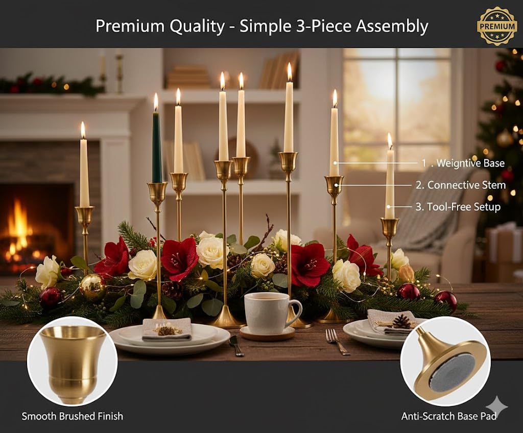 Gold Candlestick Holders Set of 6 – Decorative Taper Candle Holders for Home Decor, Weddings, Parties – Metal Candle Stands Brushed Finish – Easy Assembly – Fits Standard & LED Candles - Christmas