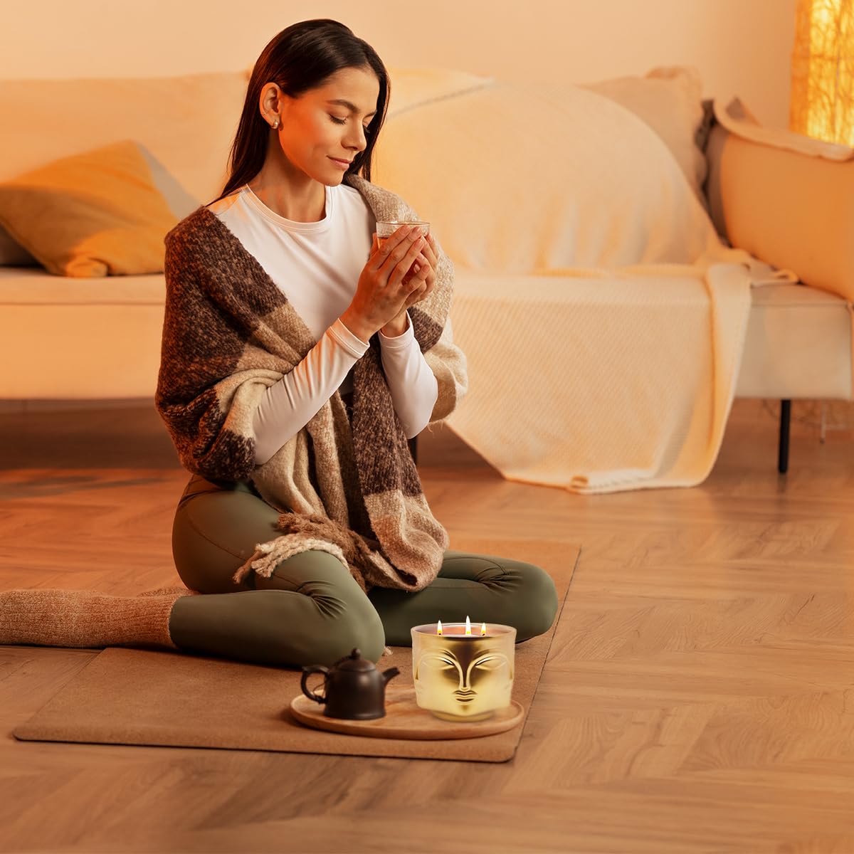 3 Wicks 20oz Apple&Cinnamon Scented Candle in Gold Buddha Pattern Heavy Ceramic Pot, Large Natural Soy Wax Aromatherapy Candle Set for Spa Yoga Meditation Home Dinner Table Decor