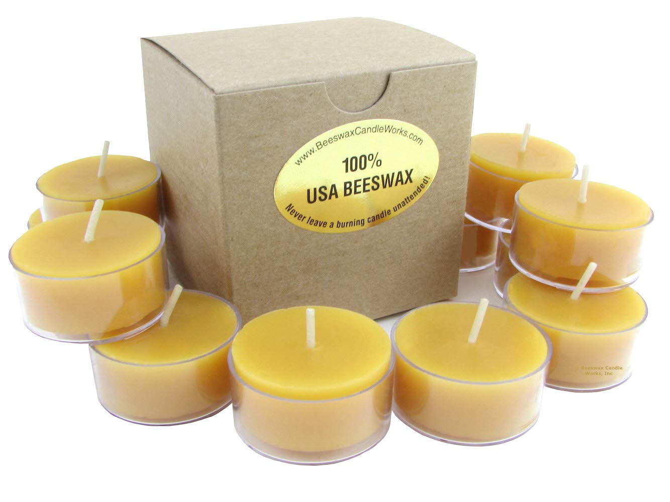 Beeswax Candle Works, 6-Hour Tea Lights (Pack of 60) Clear Cups, 100% USA Beeswax