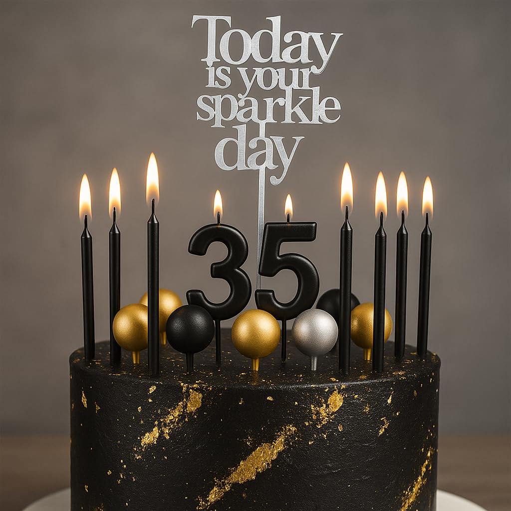 by Tugba Aydan - 33 Pcs Black Birthday Candle Set with Number Candles 0–9, Metallic Long Candles, Ball & Text Toppers – Complete Cake Decoration Kit for Kids & Adults Birthday Party
