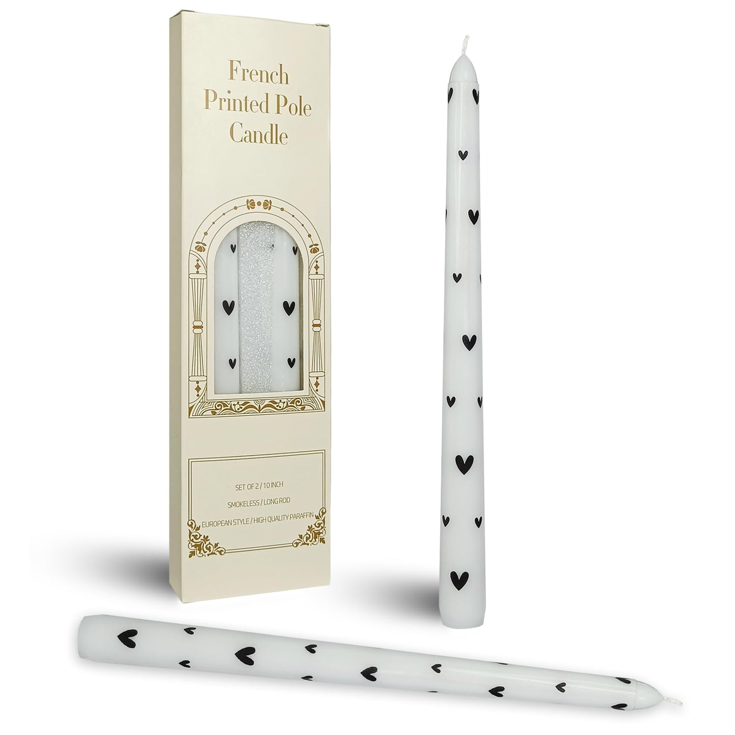 Baleagcdl White & Black Heart Taper Candles - 10 Inch Handmade Drip Candlesticks, Set of 2 for Wedding Home Holiday Decor Gifts
