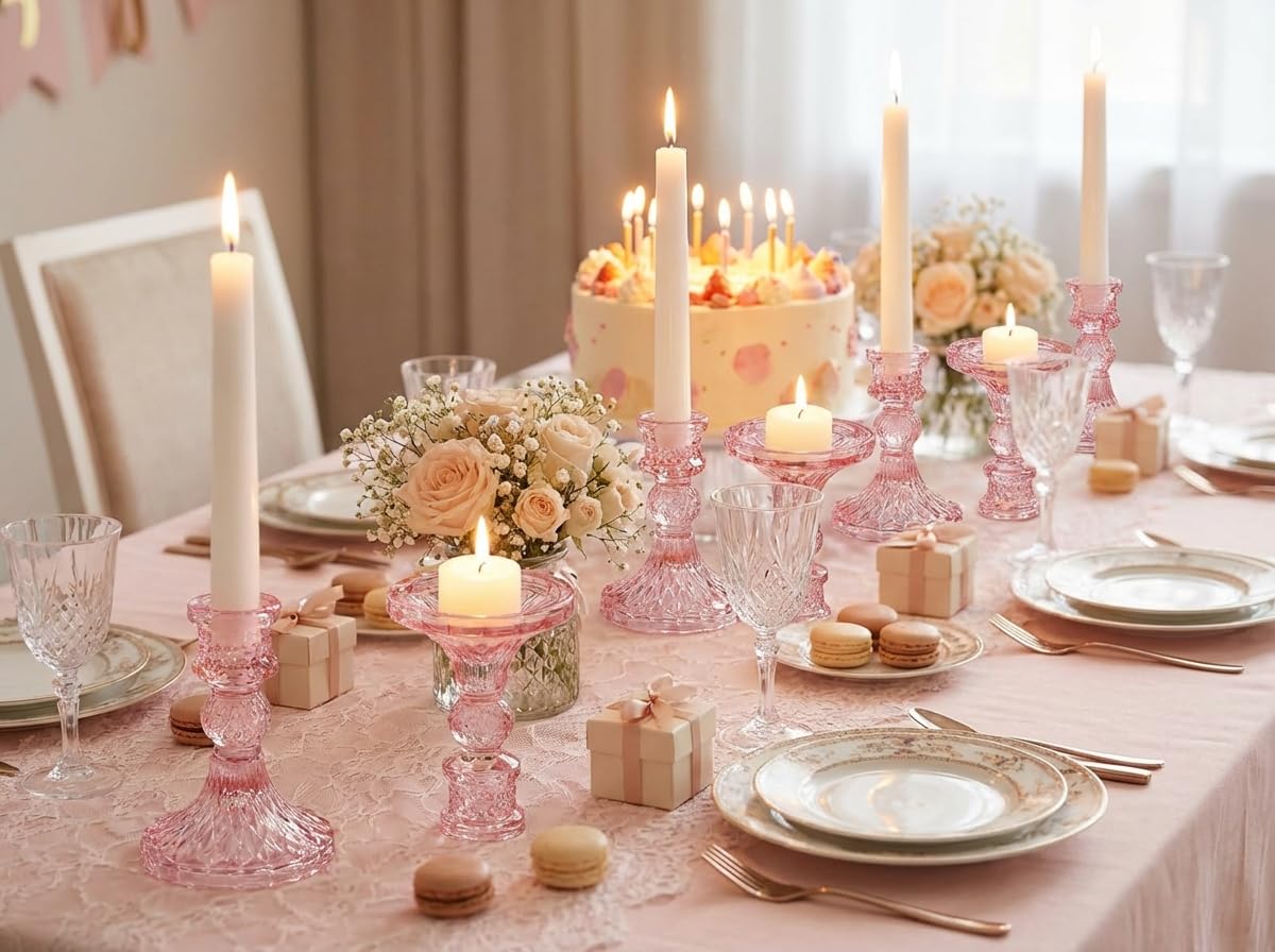 Simeitol Glass Candle Holder Set of 12, Pink Taper Candle Holders Bulk, Vintage Candlestick Holders, Candle Stick Holder for Table Centerpieces, Wedding & Mother's Day