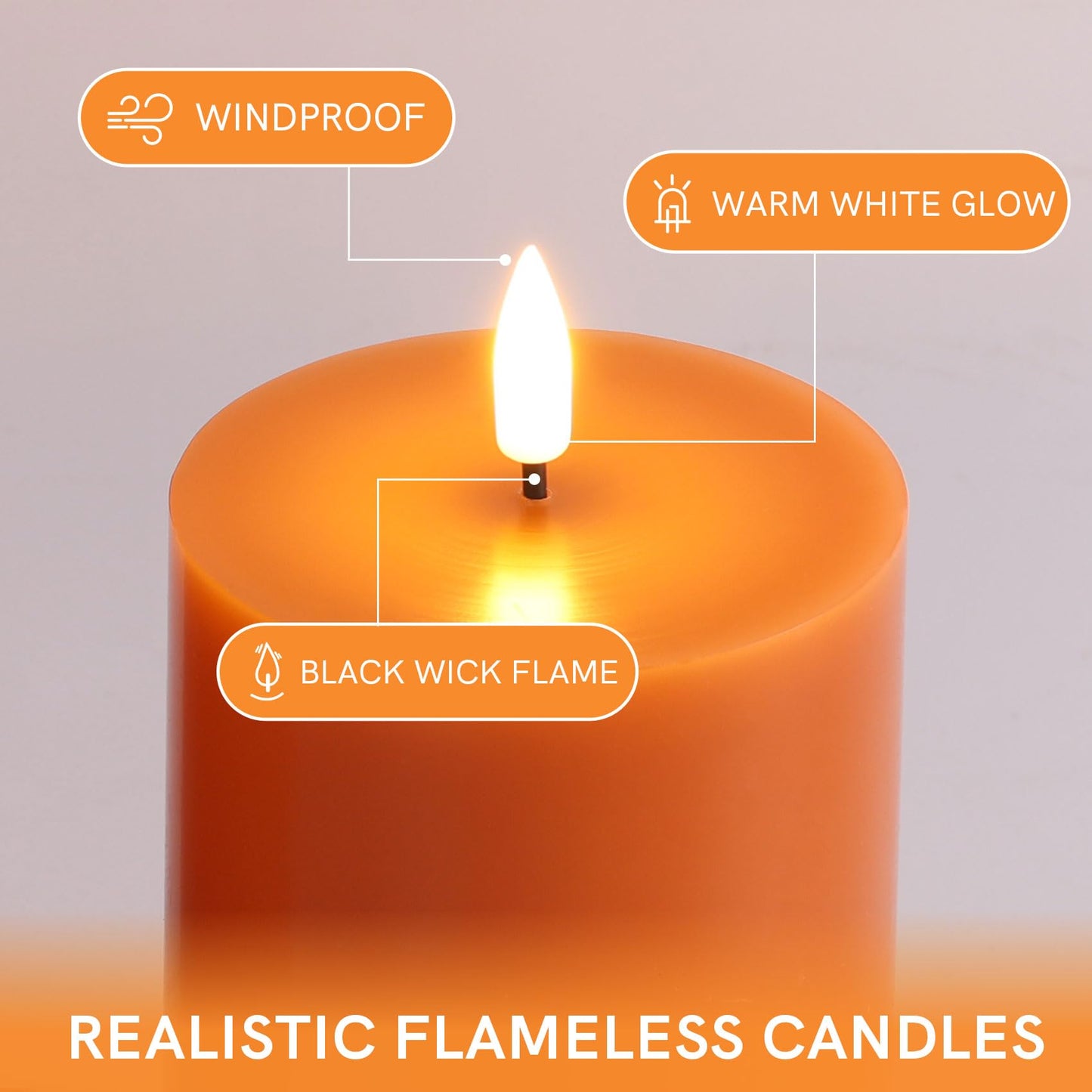 Eywamage Orange Flameless Pillar Candles with Remote, Flickering LED Wax Candles Battery Operated Set of 3