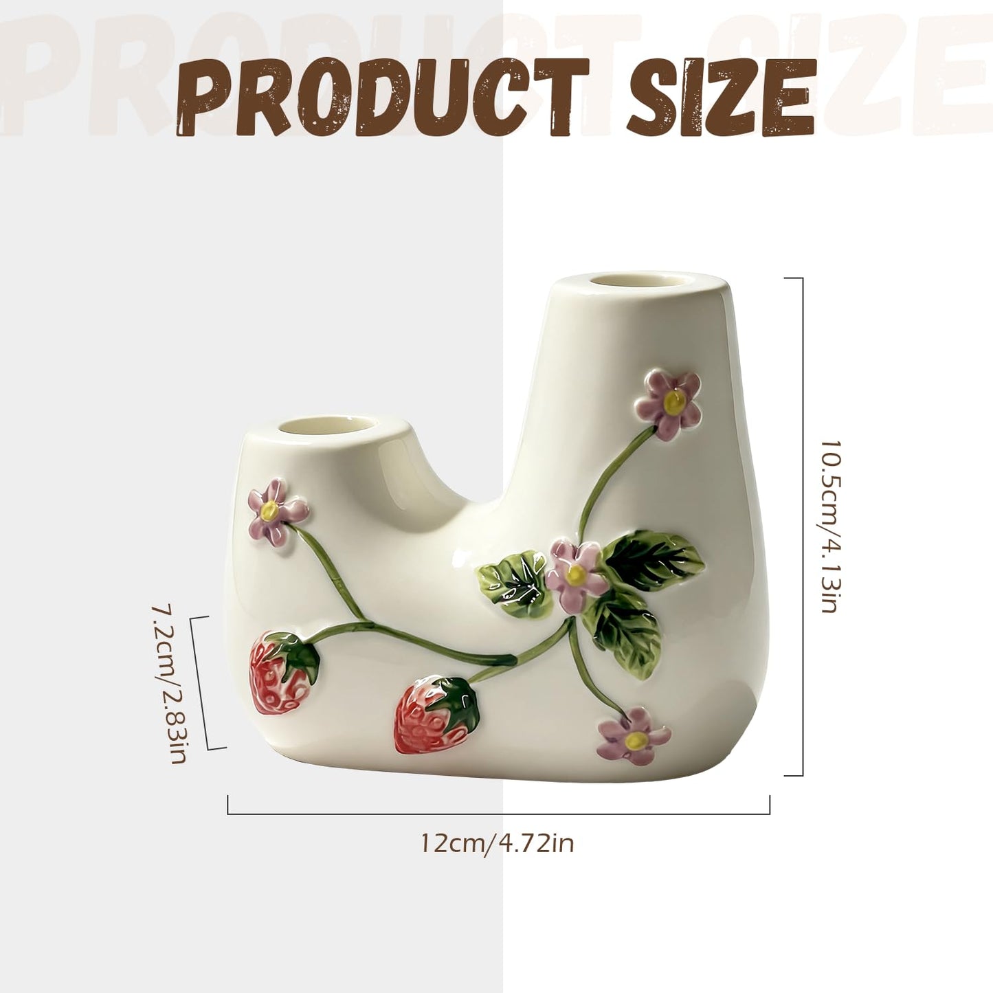 Ceramic Candle Holder Set of 1, Double Tapered Candlestick Holders with Strawberry 3D Relief Design, for Dining Table, Wedding, Home Decor, and Mantelpiece - White