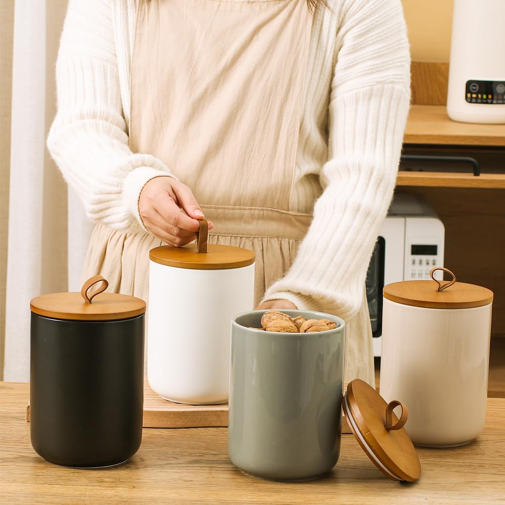 Jueison Large Ceramic Storage Jars, Modern Elegant Highly Polished Airtight Gorgeous Storage Canisters with Wooden Lid Food Storage Jar for Kitchen Spice Tea Vanilla Sugar Coffee Beans (Light grey)