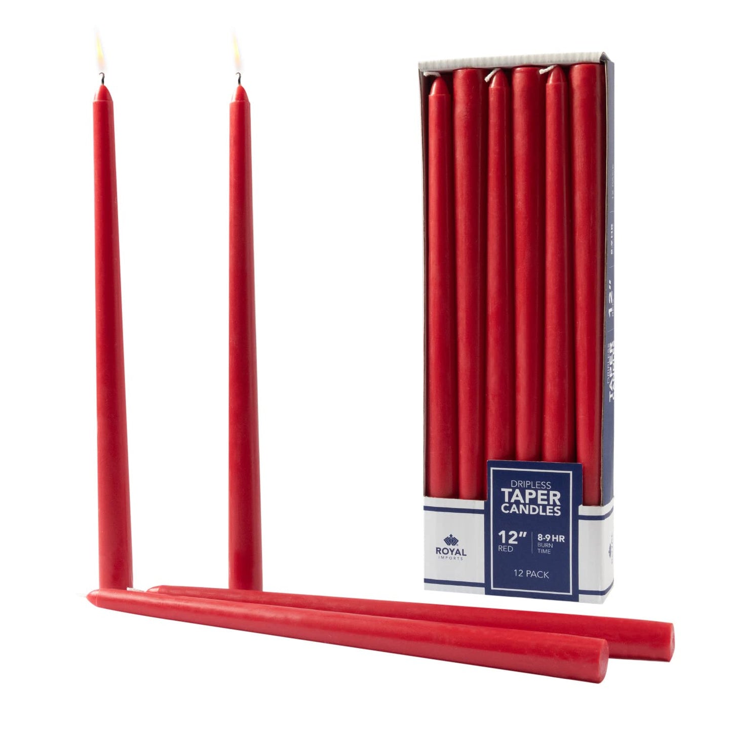 Royal Imports Unscented Taper Candles, Tall Elegant Premium, Dripless & Smokeless, Hand-Dipped for Wedding, Christmas, Holiday, Home Decor - 9 Hour Burn Time - Set of 12 (12 Inch, Red)