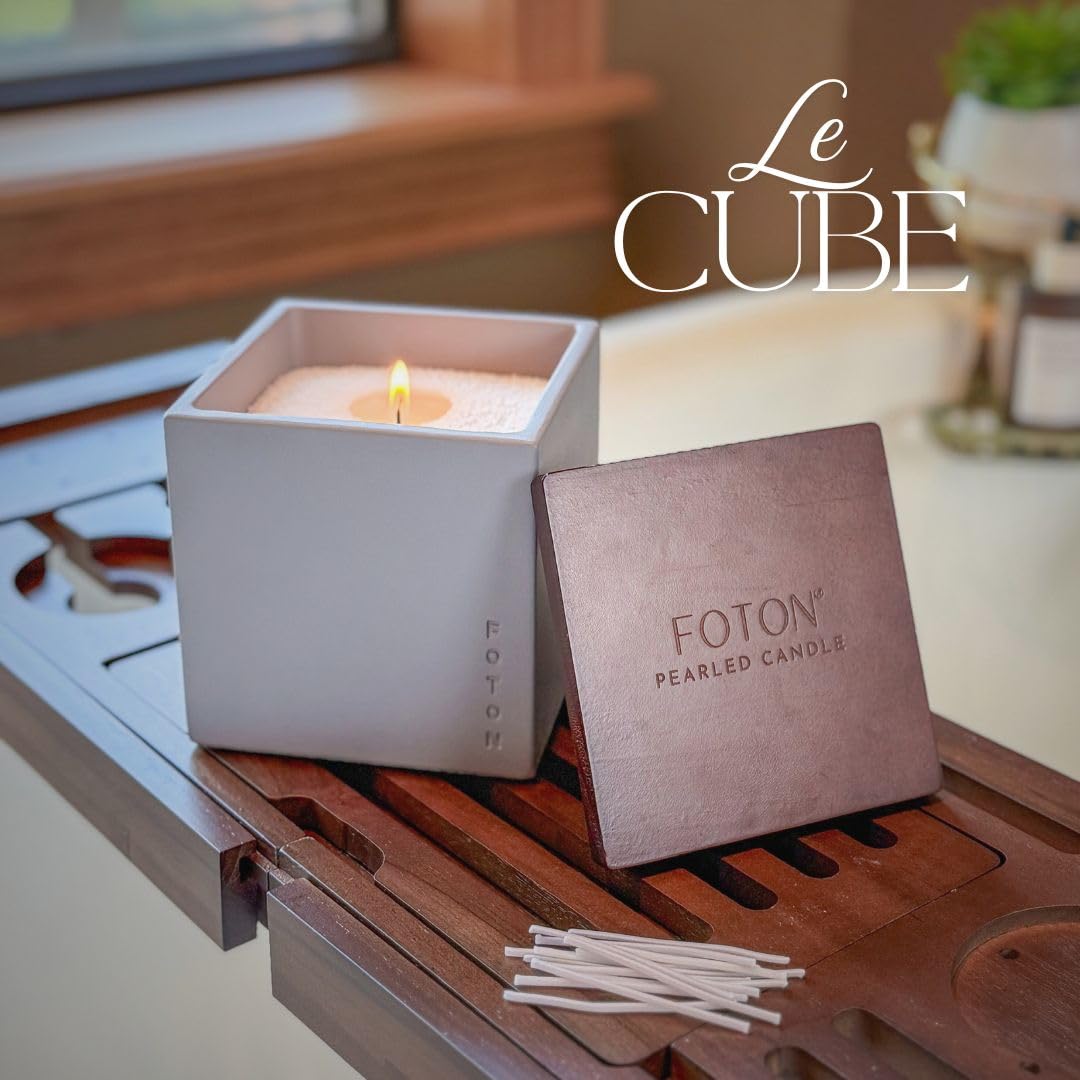 Foton Pearled Candle Le Cube Concrete Vase Set 16 Oz - Lavender Love Scented - Refillable Jar Scented Candle Sand with 15 Wicks - Natural Non-Toxic Decorative Candles for Home