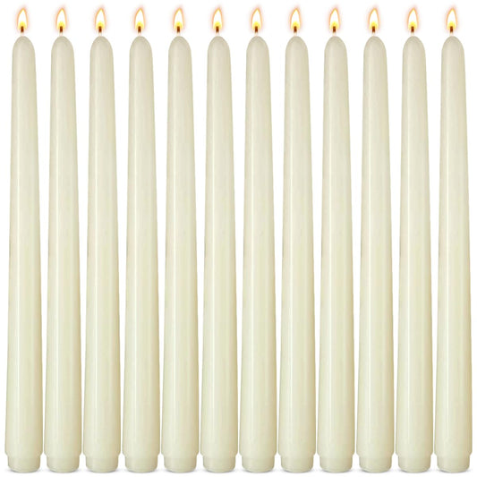 12-Pack Ivory Taper Candles, 10 Inch Unscented Dripless Candlesticks, Long-Lasting Burn Time of 7-8 Hours, Perfect for Home Décor, Weddings, and Events