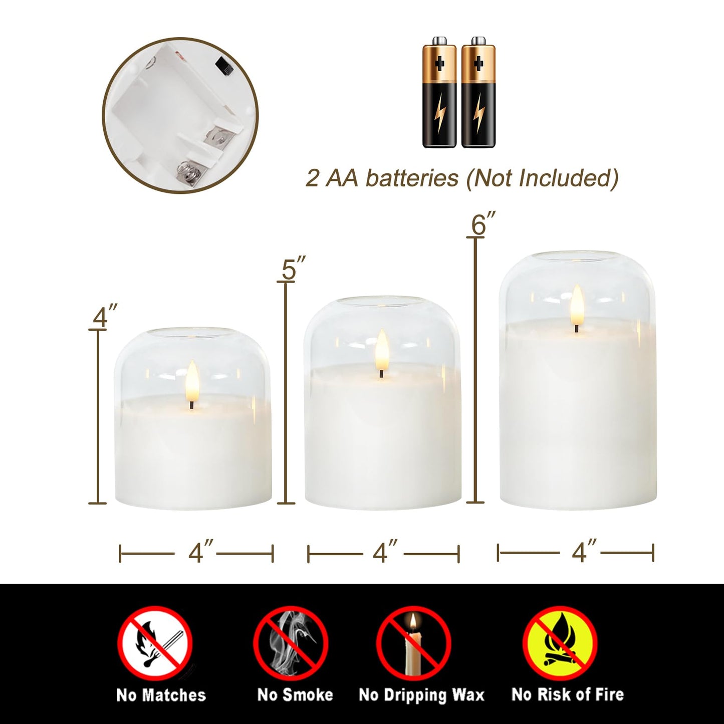 Homemory Glass Flameless Candles, Battery Operated Plliar Candles Realistic Flickering, LED Electric Light with Remote and Timer for Home, Christmas Decoration, White, Set of 3