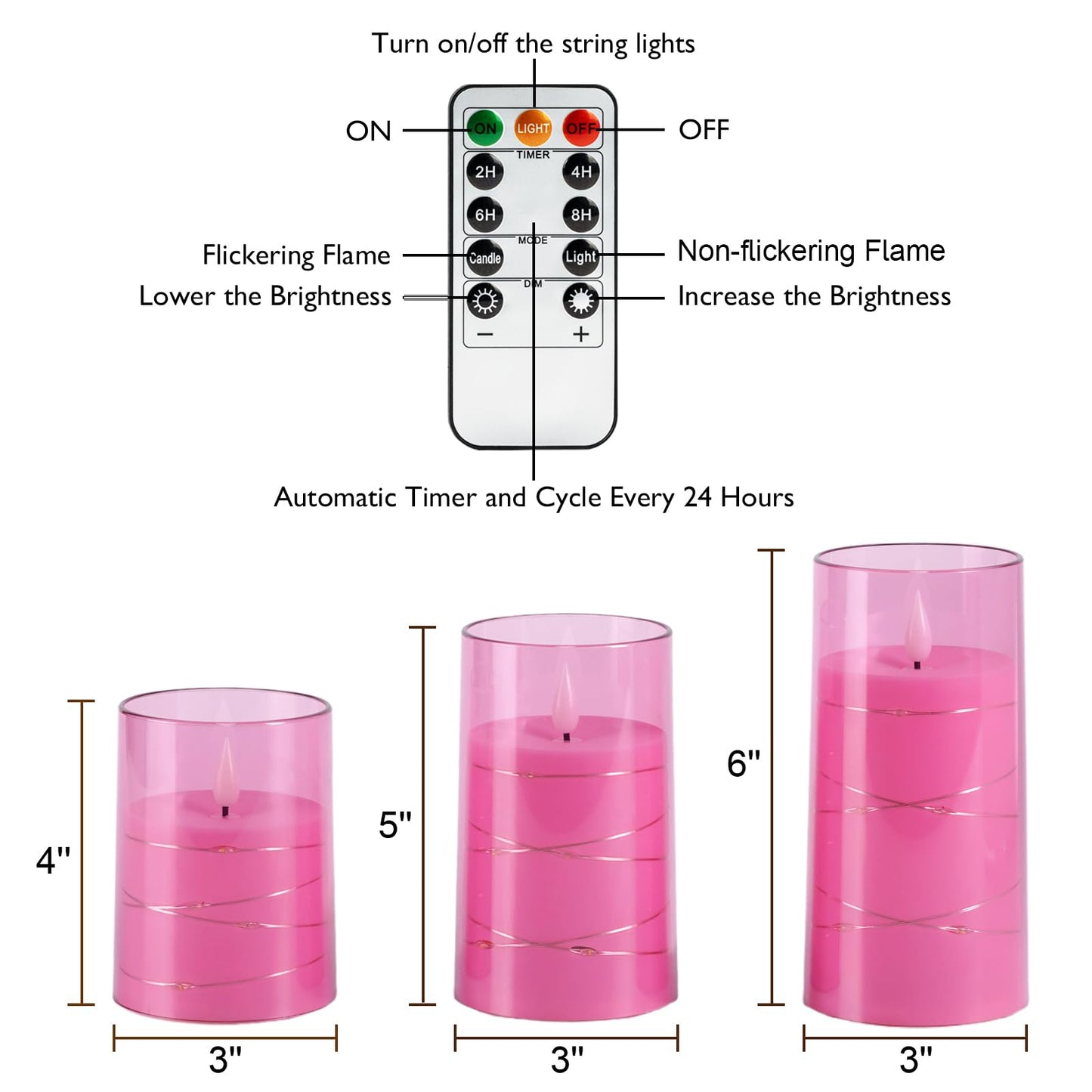 Homemory Flameless Pink Candles with Embedded Star String Fairy Lights, Battery Operated Candles, LED Candle, Fake Candles with Remote Control and Timer, Set of 3(H 4" 5" 6”)