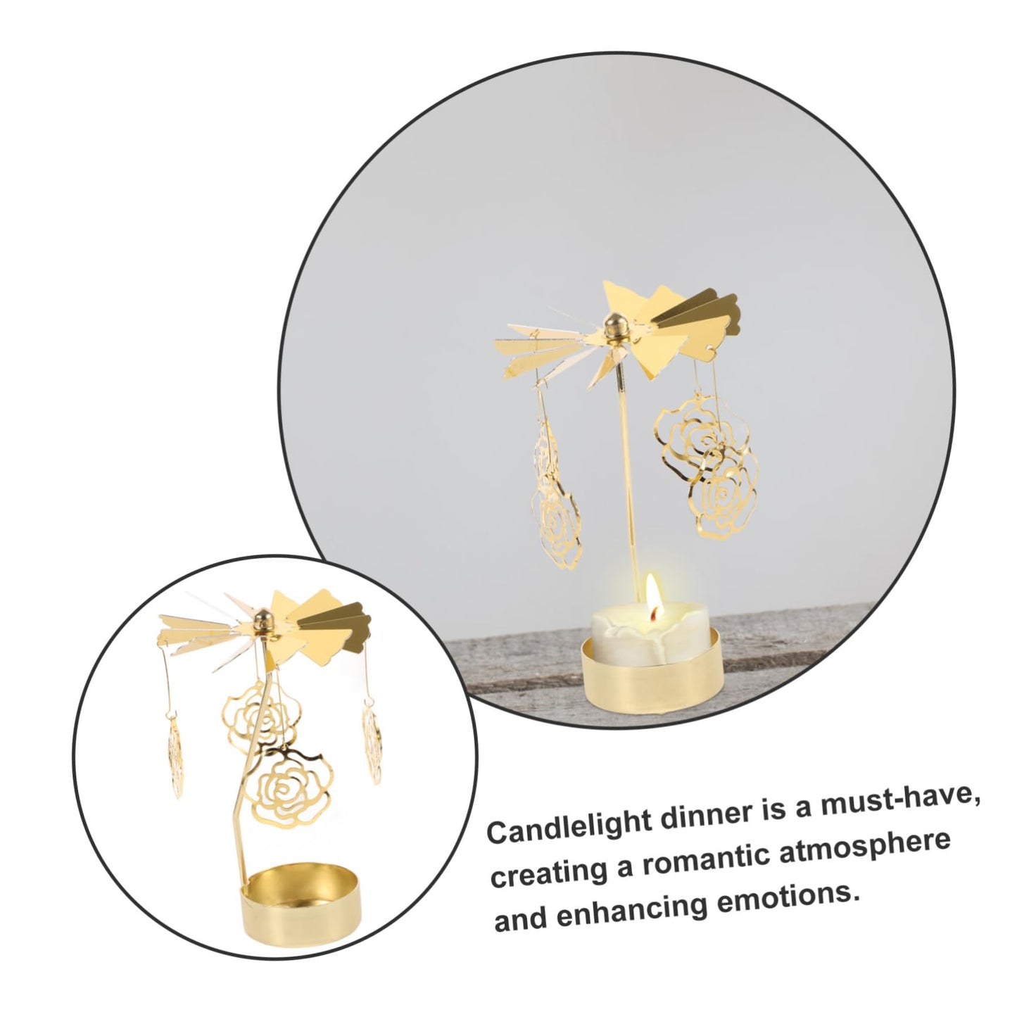RORPOIR Metal Rotating Carousel Candle Holder Rose Elements Elegant Tealight Stand for Romantic Settings Table Centerpiece for Weddings and Special Occasions