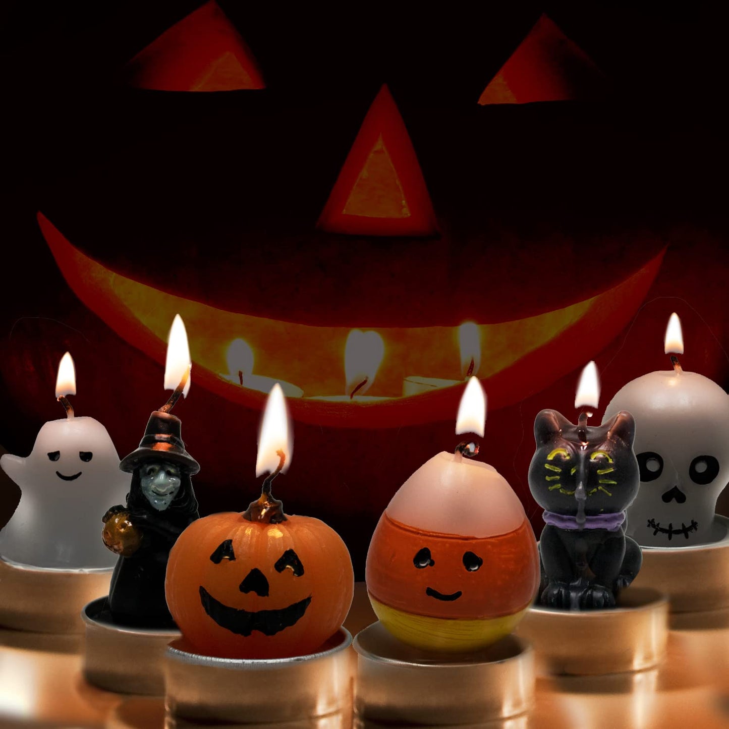 GiftExpress 12 Pcs Halloween Candles 6 Styles, Smokeless Unscented Tealight Candles for Halloween Decoration Party, Ghost, Witch, Skull, Jack O Lantern Pumpkin