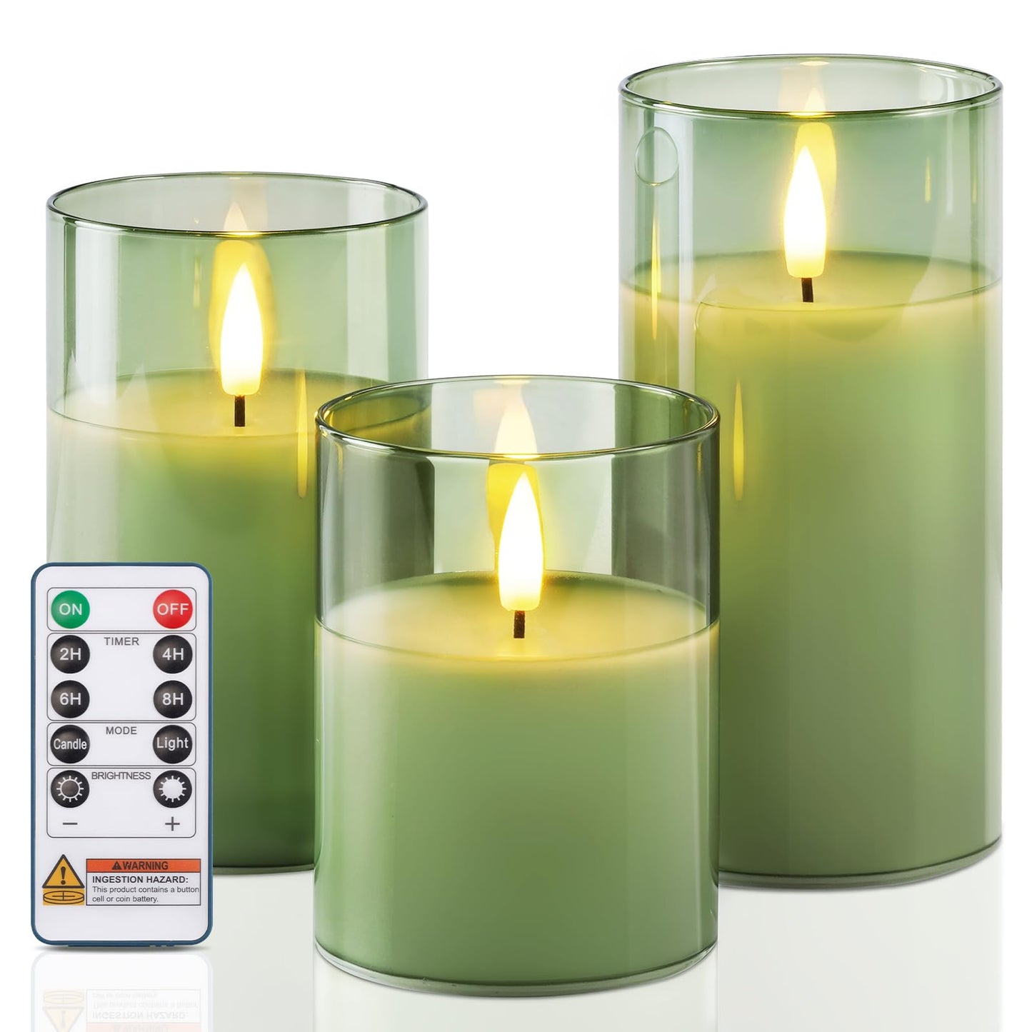 Homemory Green Glass Flameless Candles, Battery Operated LED Pillar Candles with Remote Control and Timer, Radiance Candles, Real Wax, Set of 3,D3 xH4 5" 6"