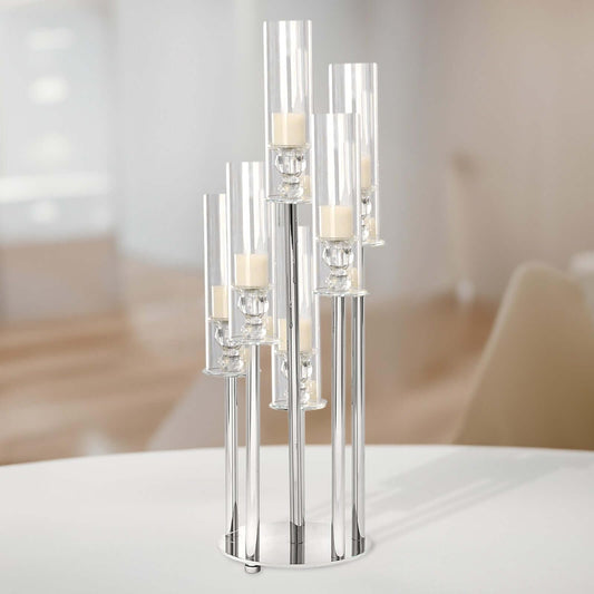 Efavormart 33" Tall - 7 Arms Clear Crystal Cluster Round Candelabra, Pillar Candle Holders with Mirror Base - Perfect for Birthdays, Weddings, Table Decoration, Event Decoration, and Centerpieces