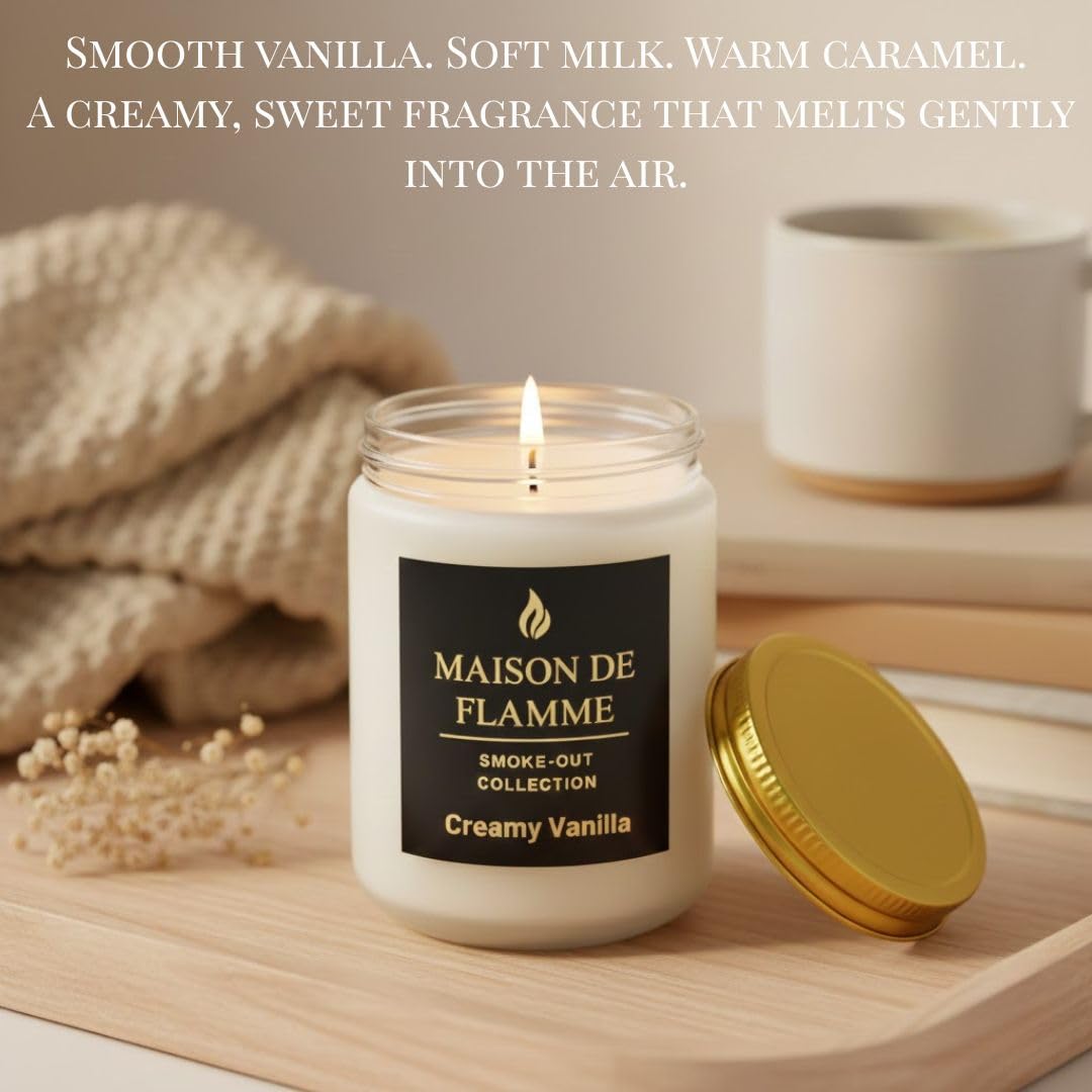 MAISON DE FLAMME Creamy Vanilla Odor-Eliminating Scented Candle, 200g/7oz White Jar – Long-Lasting Soy Wax Blend Candle for Smoke, Kitchen & Home Odors