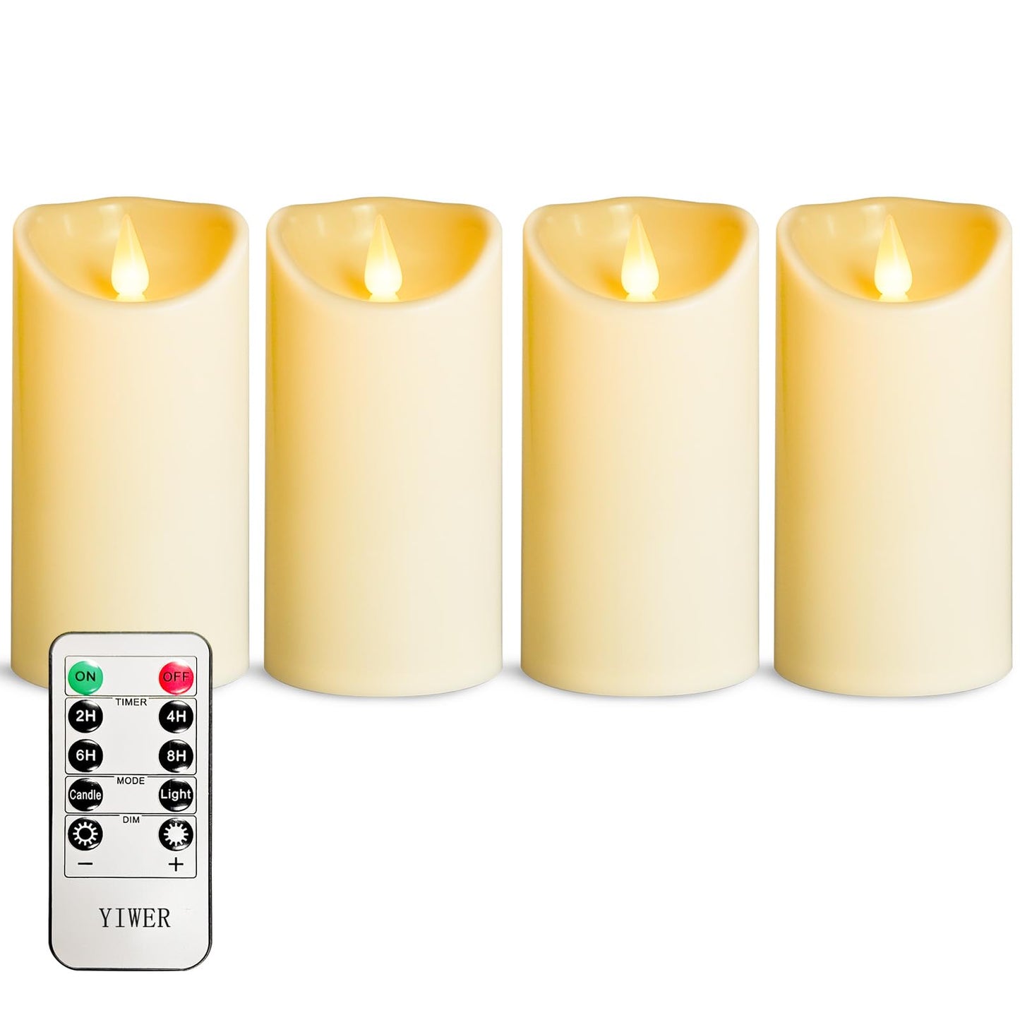 YIWER Plastic Flameless LED Candles,Pack of 4 Battery Operated Candle with 10 Key Remote Control Electric Fake Flickering Light Ivory Pillar D3”H6”
