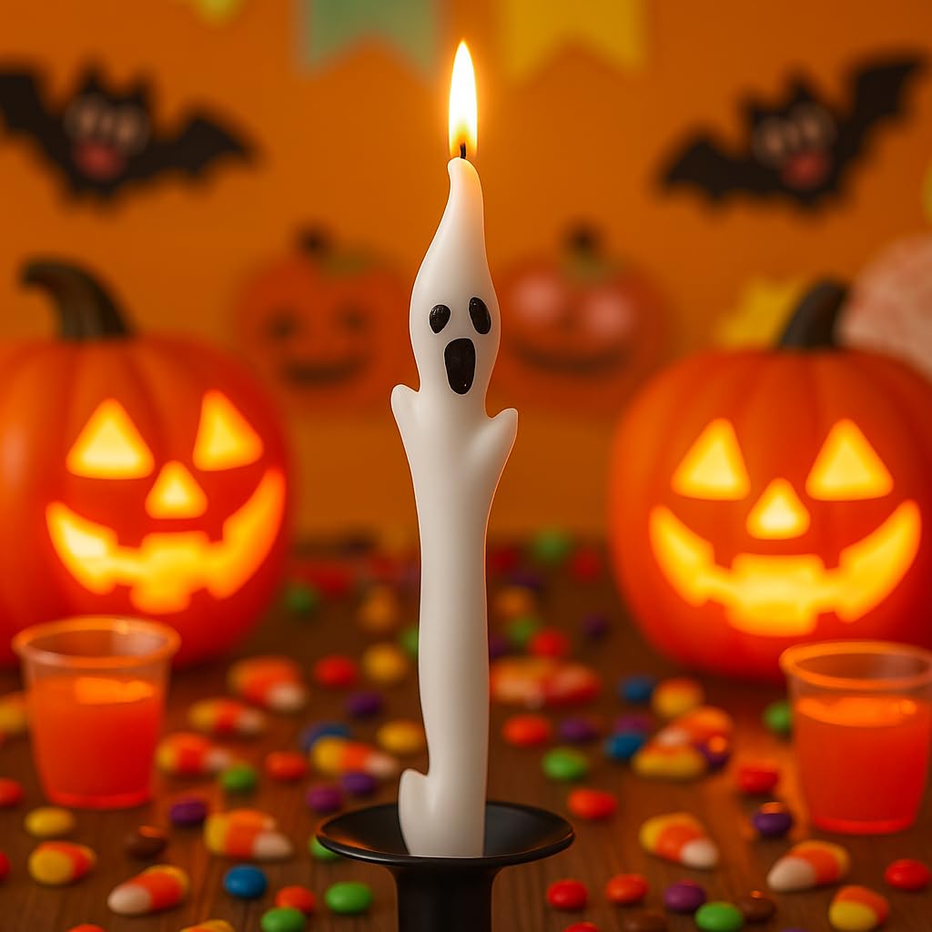 Halloween Ghost Candles Set, Cute Spooky White Taper Candles with Ghost Face for Halloween Decorations, Haunted House, Party Table Centerpiece, Gothic Home Decor, Trick or Treat Supplies (2PCS)