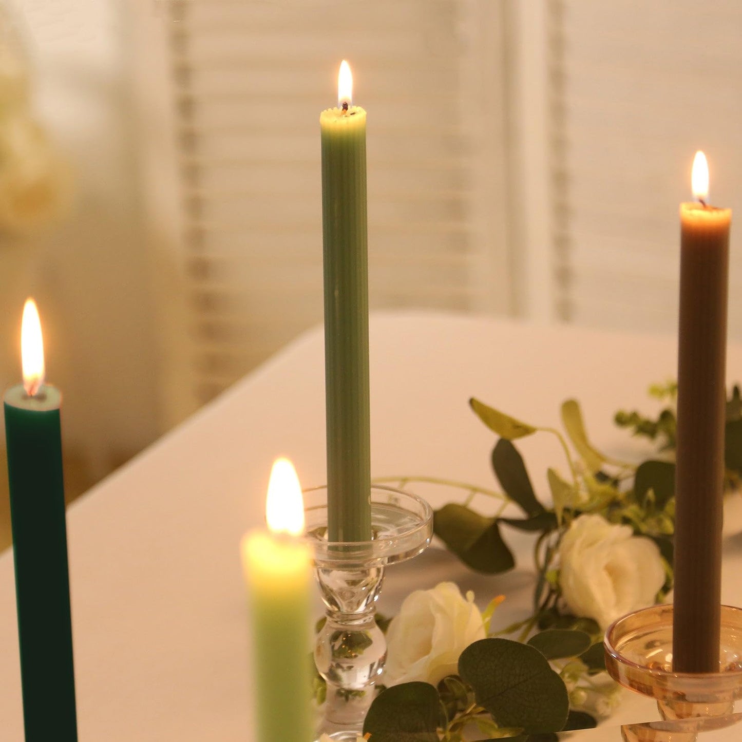 Efavormart 5 Pack 9" Mixed Sage Green Ribbed Unscented Taper Candles, Textured Ribbon Wax with Cotton Wick for Modern Centerpieces and Home Decor