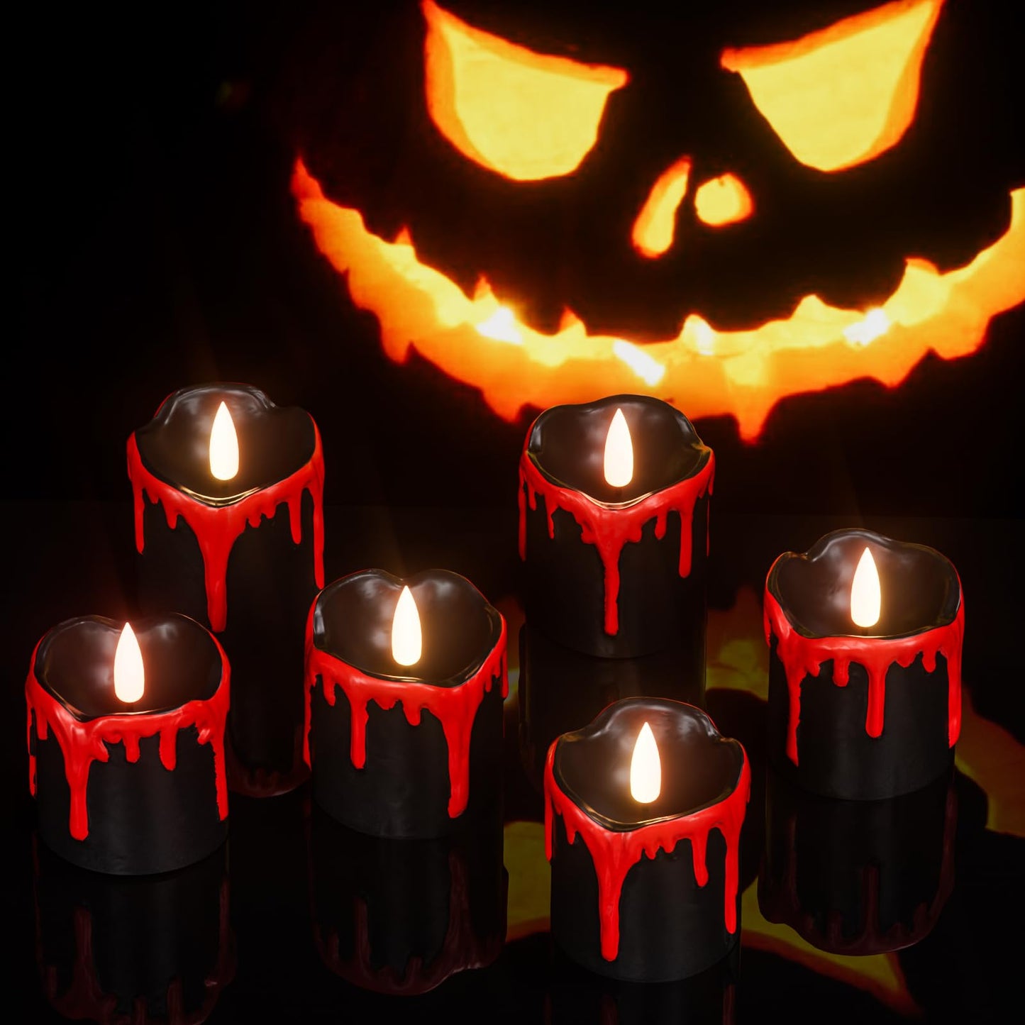 Eldnacele Black Votive Flameless Candles Battery Operated with Timer, 300+ Hour Blood Dripping Wax Tea Lights Flickering Electric LED Candles Fall Dinner Decor Spooky Halloween Lights(6Pcs,2"×2.2")
