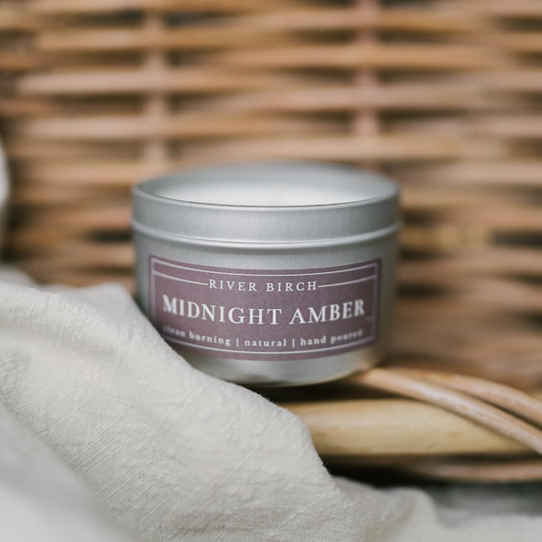 River Birch Candles Midnight Amber Scented Candle | Premium, All-Natural, Non-Toxic, Soy Wax | 8 oz. Silver Travel Tin | Cozy Relaxing Gifts for Home