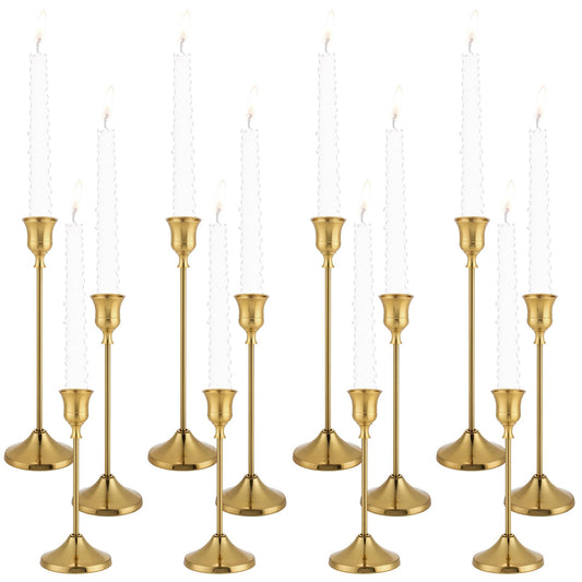 Tunyet Candlestick Holders 4 Sets(12 Pcs), Brass Gold Candle Holders with Anti-Slip Pad, Metal Taper Candle Holder, Candle Holder for Wedding Fireplace Mantel Housewarming Gift