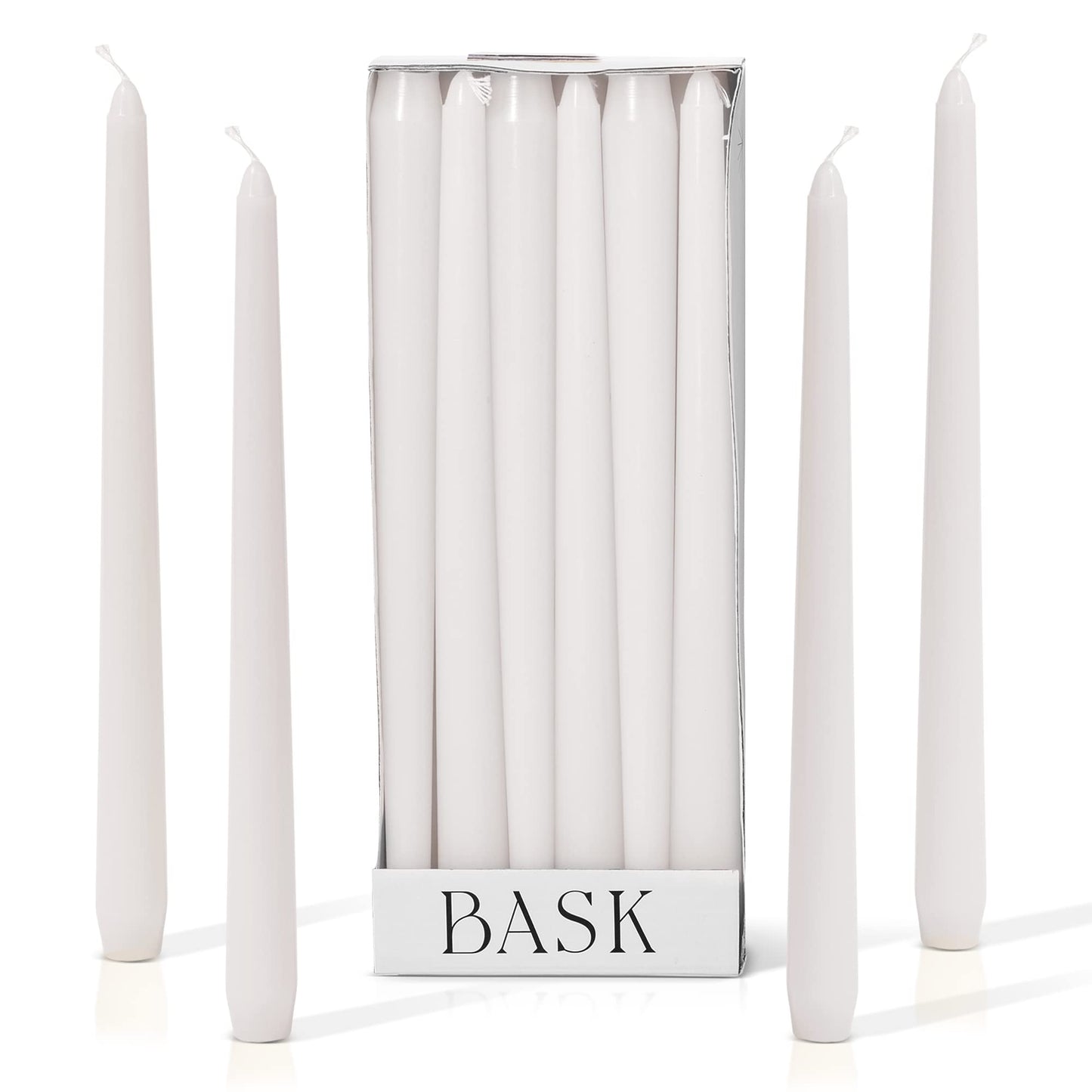 Bask 10-inch Taper Candles - Unscented and Dripless - Burns for 8 Hours - Home Decor for Dinner Table, Kitchen, and Bedroom - Perfect for a Romantic Date or Anniversary - 12-Pack - White