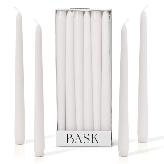 Bask 10-inch Taper Candles - Unscented and Dripless - Burns for 8 Hours - Home Decor for Dinner Table, Kitchen, and Bedroom - Perfect for a Romantic Date or Anniversary - 12-Pack - White