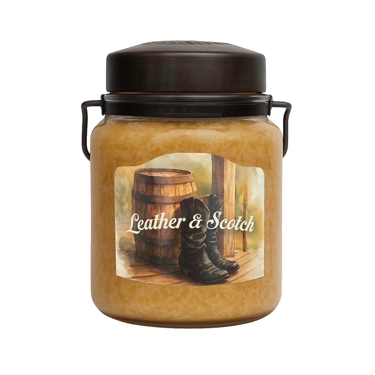 McCall’s Candles | Leather & Scotch | 16 oz Single-Wick Scented Candle | USA-Poured | Vintage Rustic Jar with Carrying Handles | Leather & Scotch Fragrance