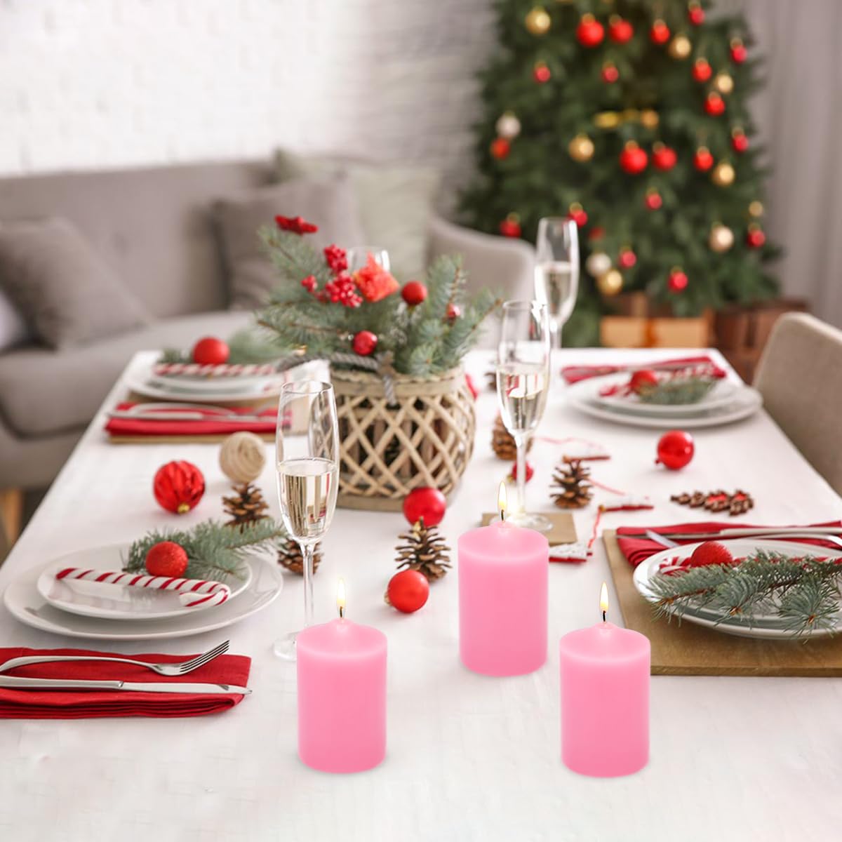 Small Unscented Pink Pillar Candles, 24 Hour 2x3 Inch Dripless Tapered Column Candles for Valentine's Day Home Party Holiday Dinner Table, Set of 8